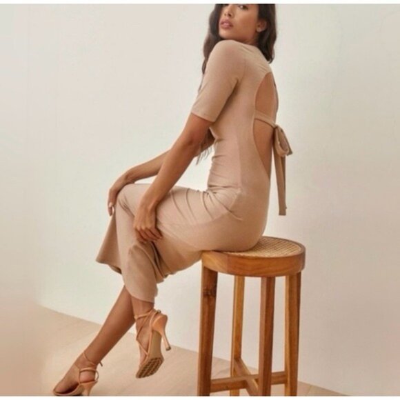 Reformation Dresses & Skirts - Reformation‎ Women's LARGE Dosch Maxi Dress Buff Bodycon Rib Knit Backless Sexy
